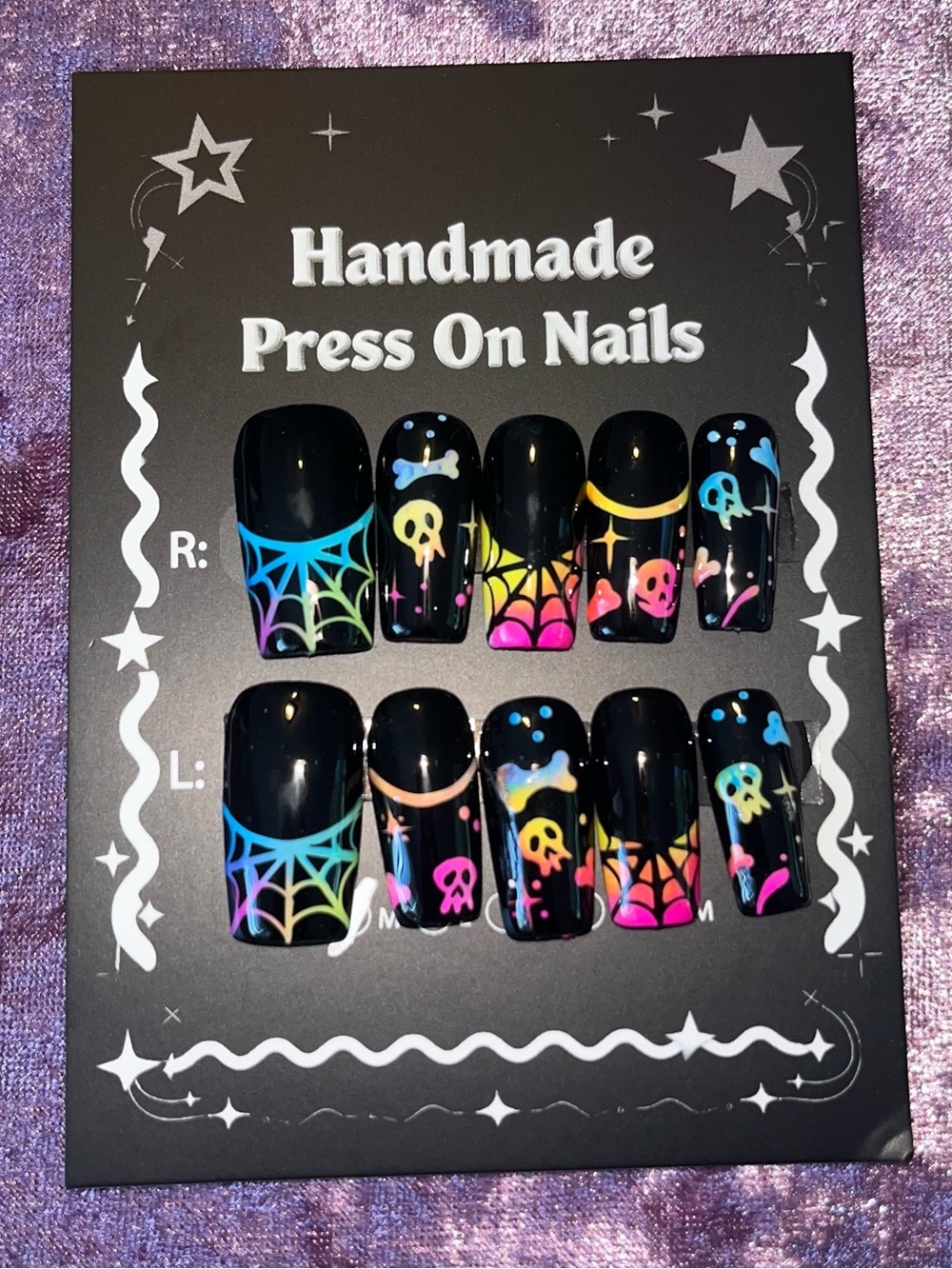 Handmade Black Halloween Press-On Nails with Neon Skulls & Webs